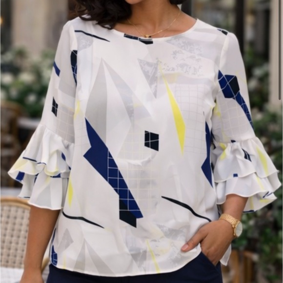 Tops - White Blue Yellow Geometric Ruffle Sleeve Blouse Large |Bell Sleeve Work Top
